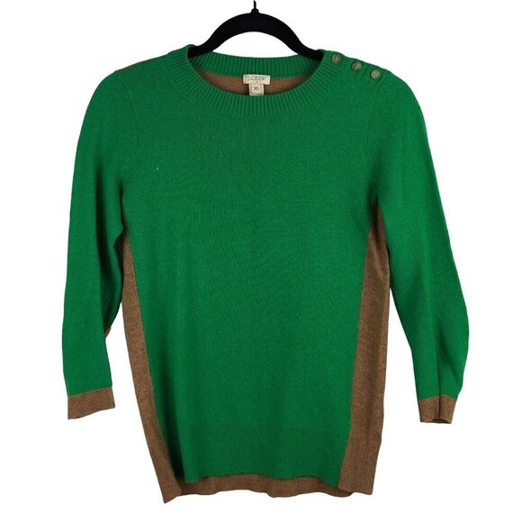 EUC J.Crew Womens XS Sweater Green & Brown Colorblock Elbow Patches Button Shoul - Picture 1 of 7